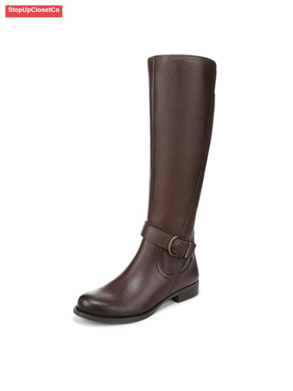 Knee High Leather Boot with Buckle Detail & Block Heel